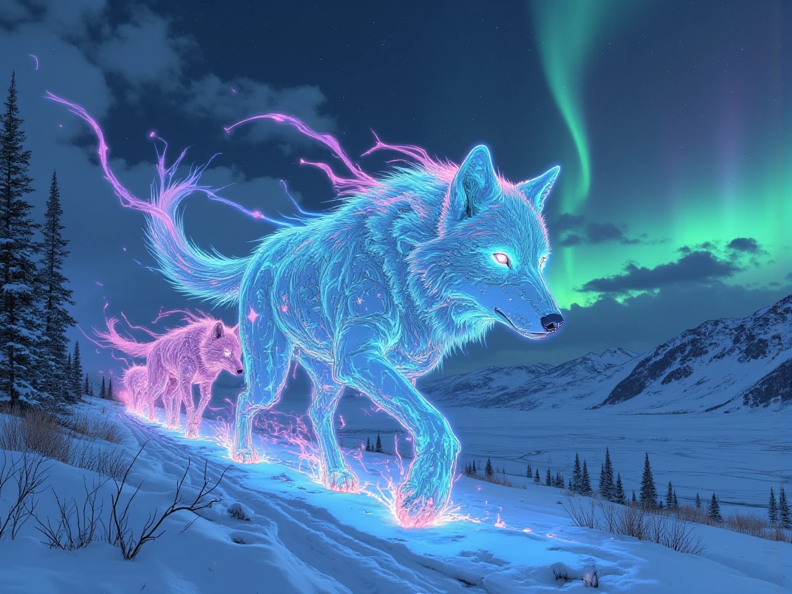 ethereal wolves composed entirely of swirling aurora borealis, luminescent bodies flowing with electric emerald and violet ribbons, shimmering cobalt and magenta tendrils, translucent forms phasing between solid and gaseous states, bioluminescent eye