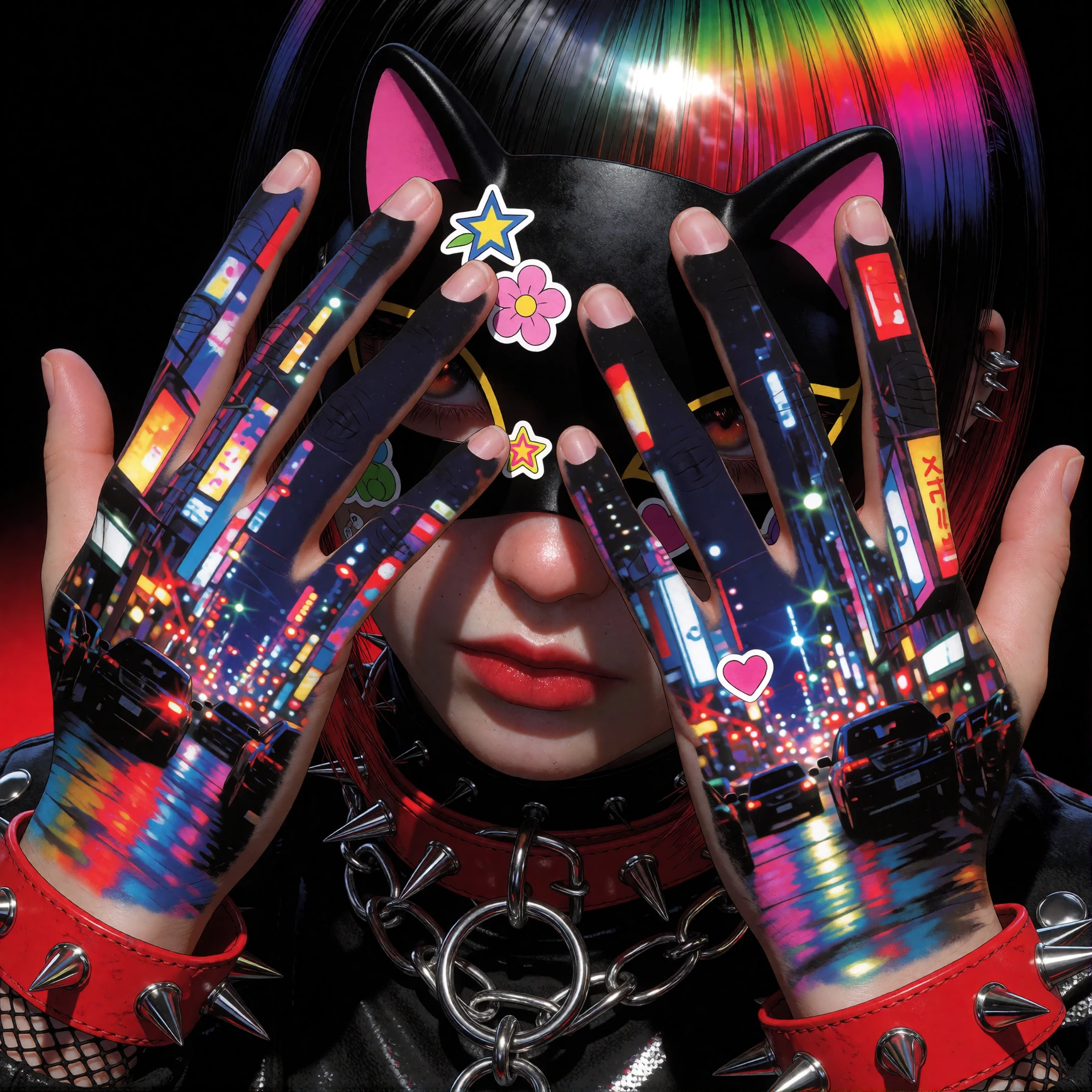 styled using a punk pop figure. Hands depicting a nightlife city lights scene painted on the hands. Haunting aesthetic, heavy shadows, gothic attire, 
