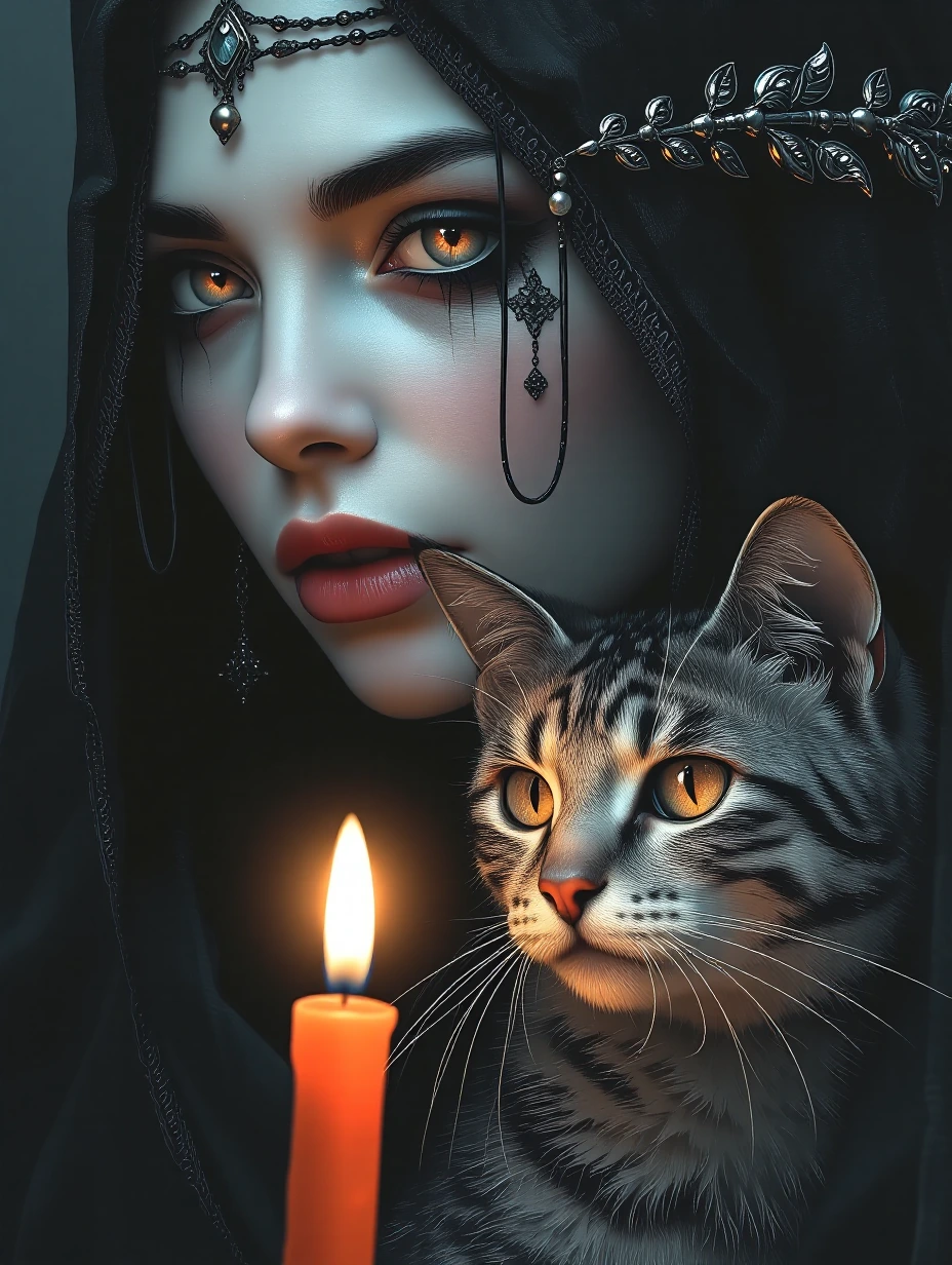 Goth, woman, silver eyes, cat nearby, ethereal, soft, close-up, dark background, candle