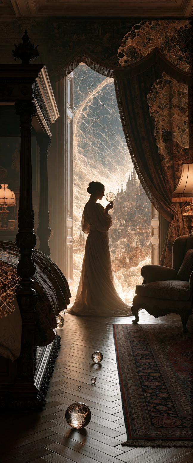 An ultra-long, narrow vertical cinematic portrait composition (9:21 aspect ratio), capturing an intimate, dark vintage bedroom with microscopic detail that becomes visible upon zooming. A single woman stands centered in a bright, textured, back-lit d