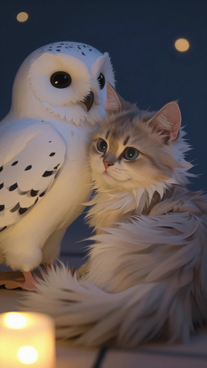 Amateur photograph cute chubby jiggly kitten cuddling with a white owl. Night lights.