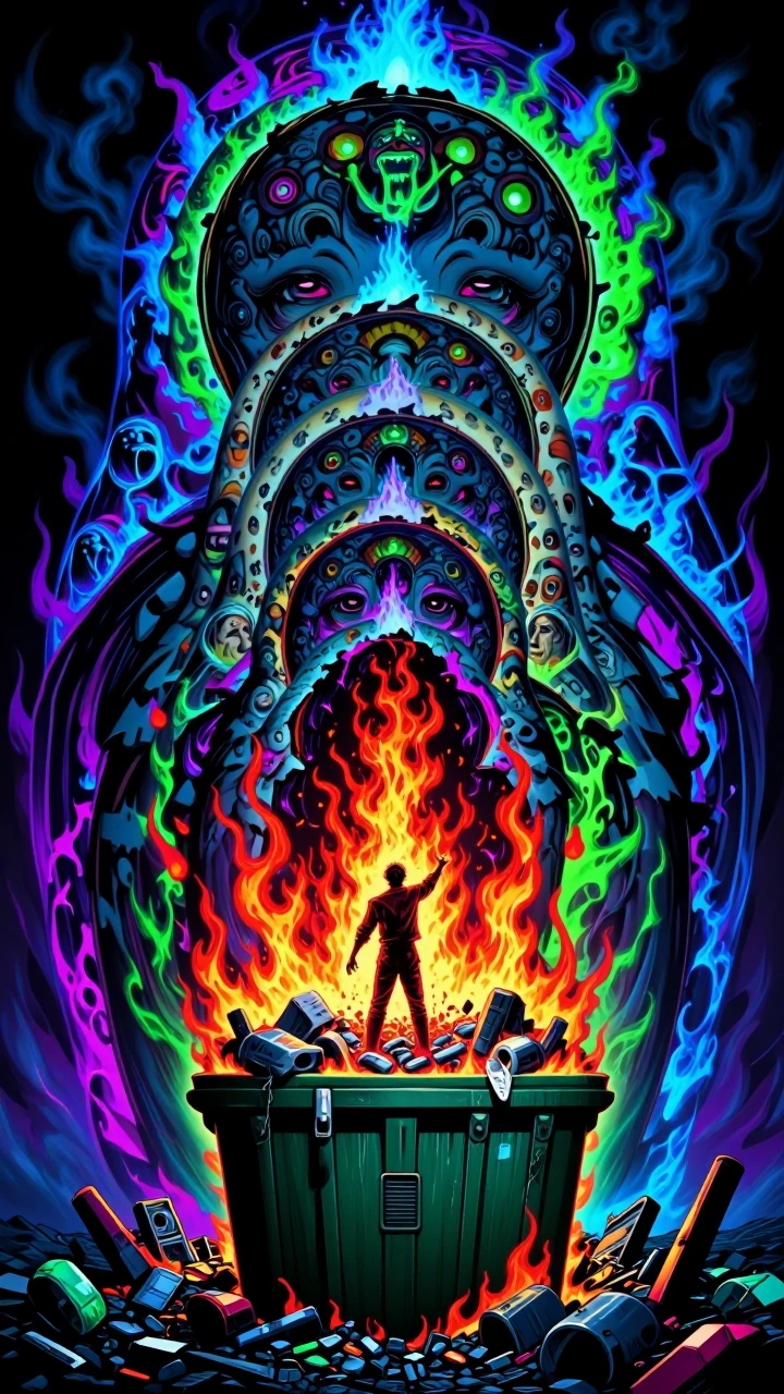 Psychedelic Akira anime avant-garde keyframe of intense psychological horror: the world burning inside an infinite matryoshka trash dumpster. A lone f