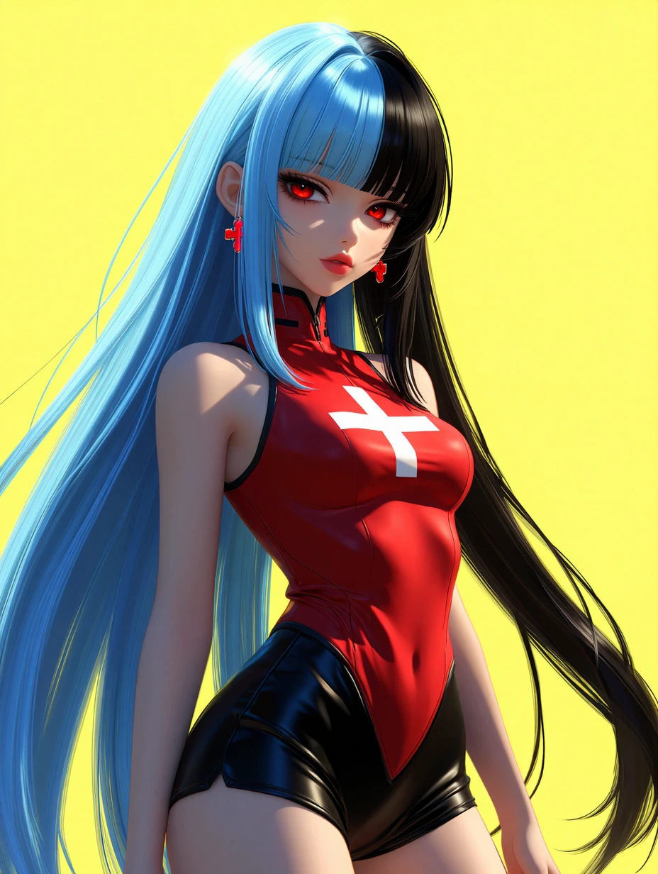 A striking digital illustration features an anime-styled character against a vibrant yellow background. She wears a bold red top adorned with a white cross symbol, paired with black glossy shorts. Her distinctive split-colored hair—ice blue on one si