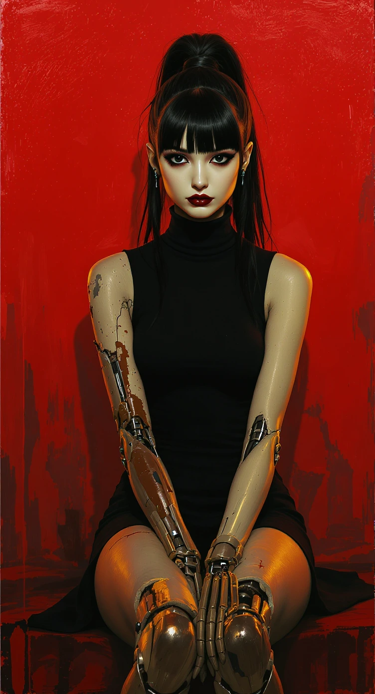masterpiece, best quality, absurdres, very aesthetic, semi-realistic illustration, painterly digital art, cinematic lighting, 1girl solo, sitting pose, expressionless android woman, high ponytail straight black hair with blunt bangs and sidelocks, no
