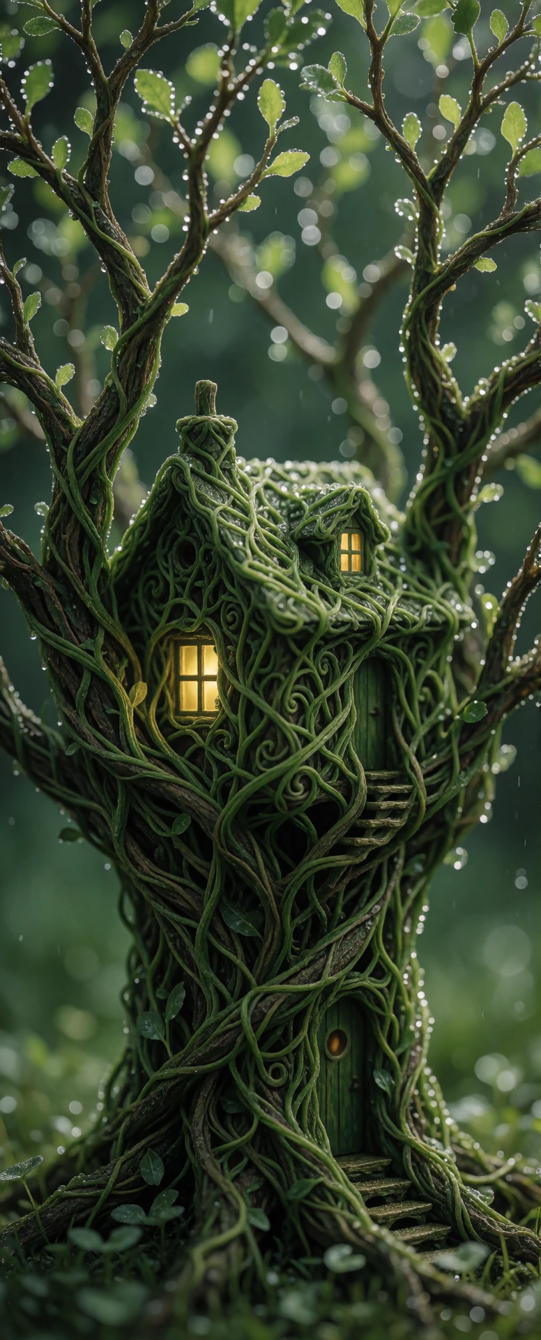A house that grew around a tree. Her branches entangle me. Microscopicly intricate leaves with tiny drops of dew, tickel the hairs on my arms.