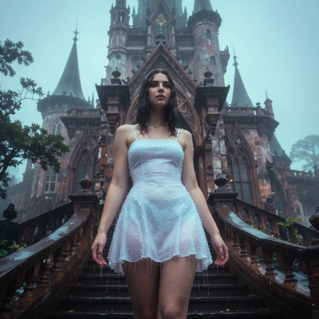 Woman in Dew drop mini dress in dew drop castle bi split realism dripping drops rainy mood