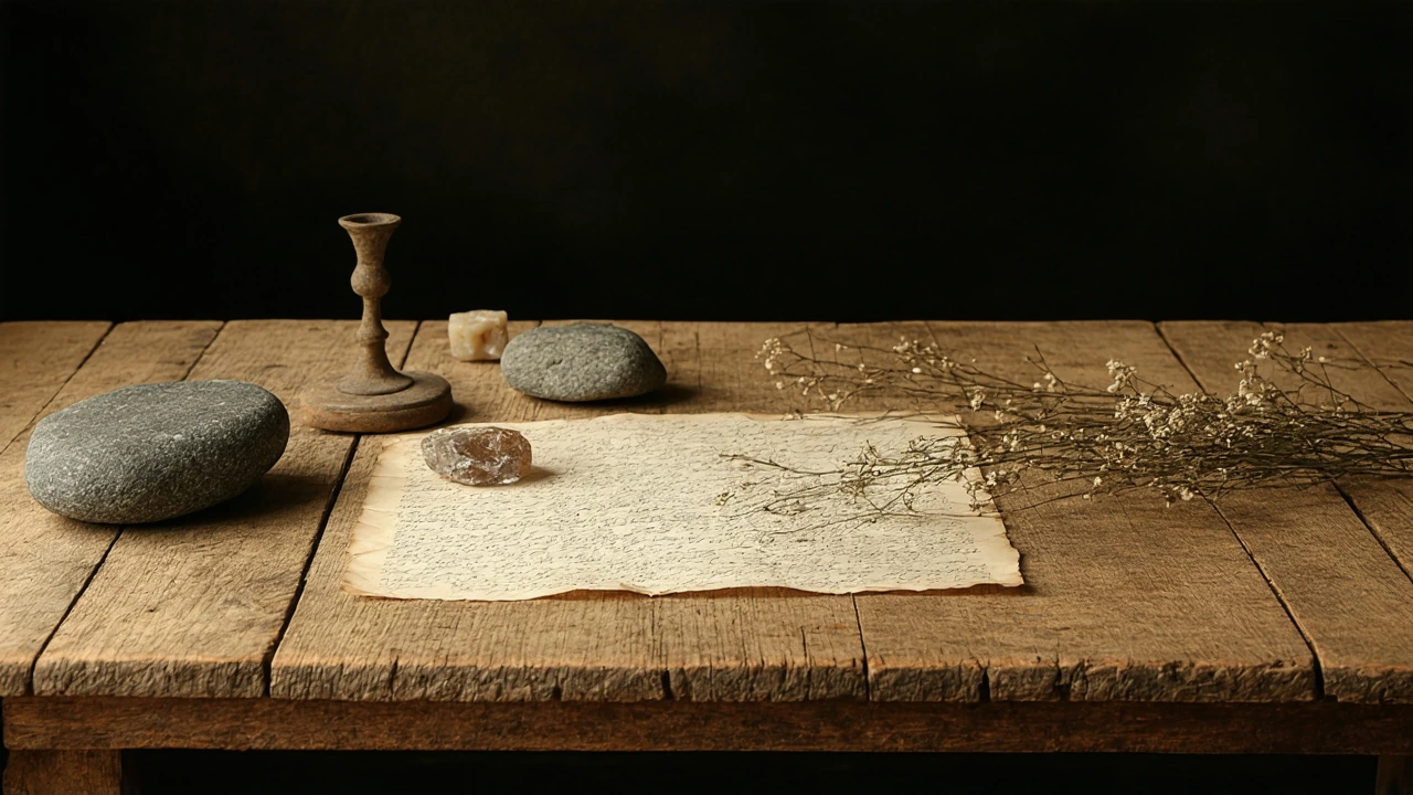 A weathered wooden table at first light, arranged with austere objects—a polished stone, desiccated flora, manuscript notation—positioned with deliberate intention. Aureate luminance diffuses through atmospheric haze, rendered with sfumato softness. 