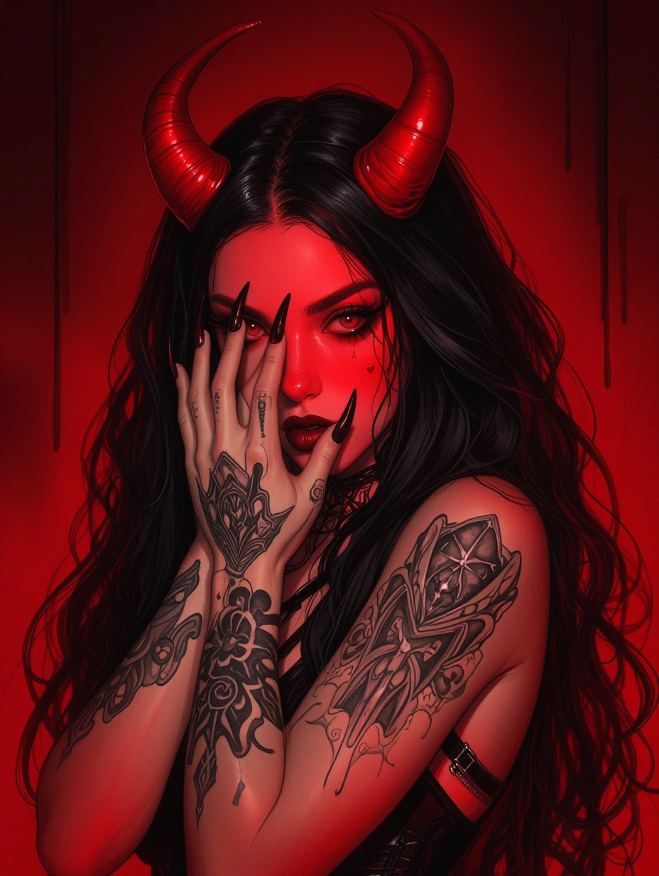 A hyper-realistic portrait of a gothic-inspired woman with vibrant red horns, long black hair with a glossy sheen, and intricate black tattoos coverin