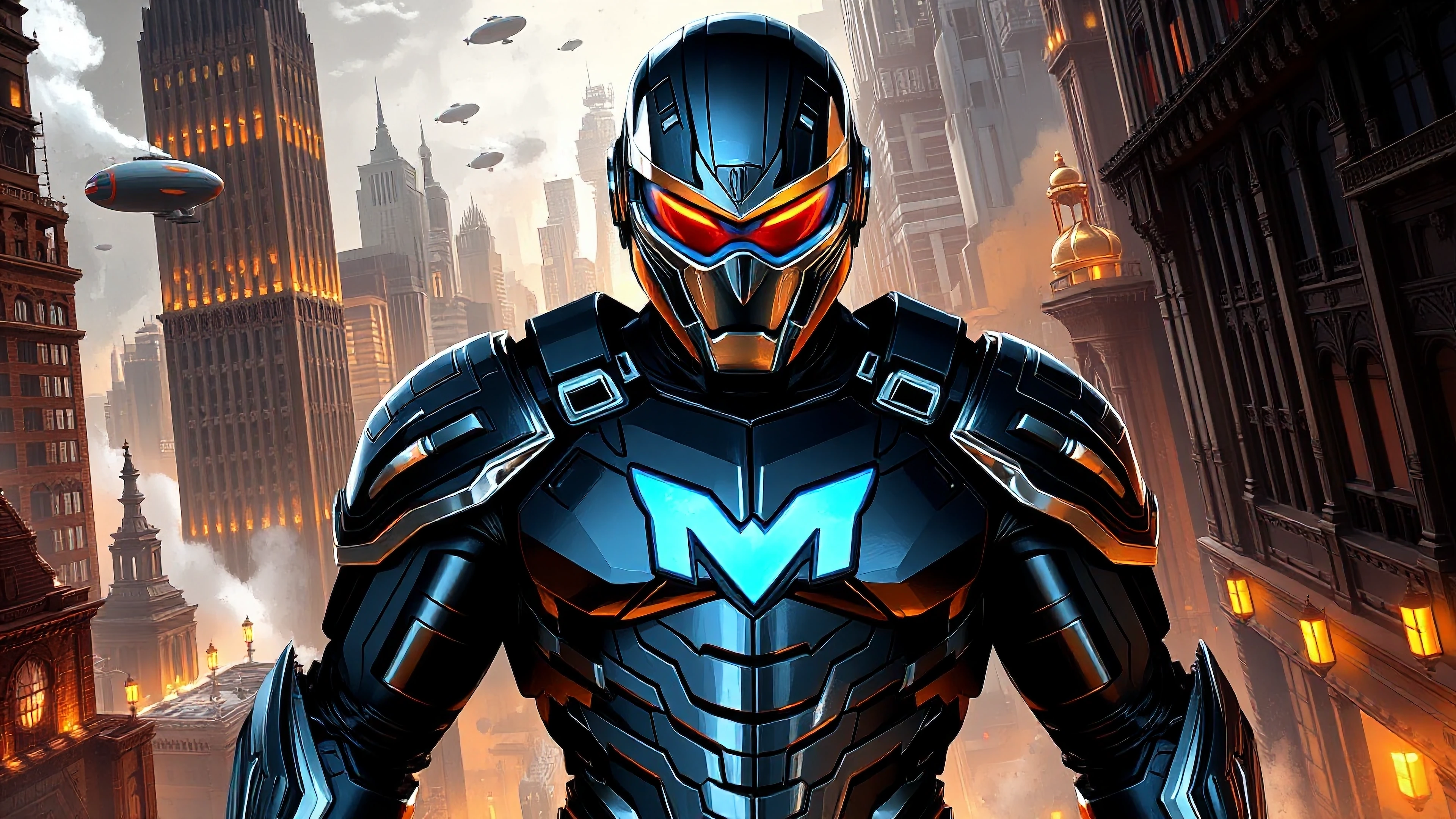 Mirrorize Man full-body superhero portrait, towering figure clad in form-fitting metallic armor of obsidian black and brushed gunmetal gray, segmented articulated plating with razor-sharp geometric lines, chest emblazoned with a bold stylized chrome 
