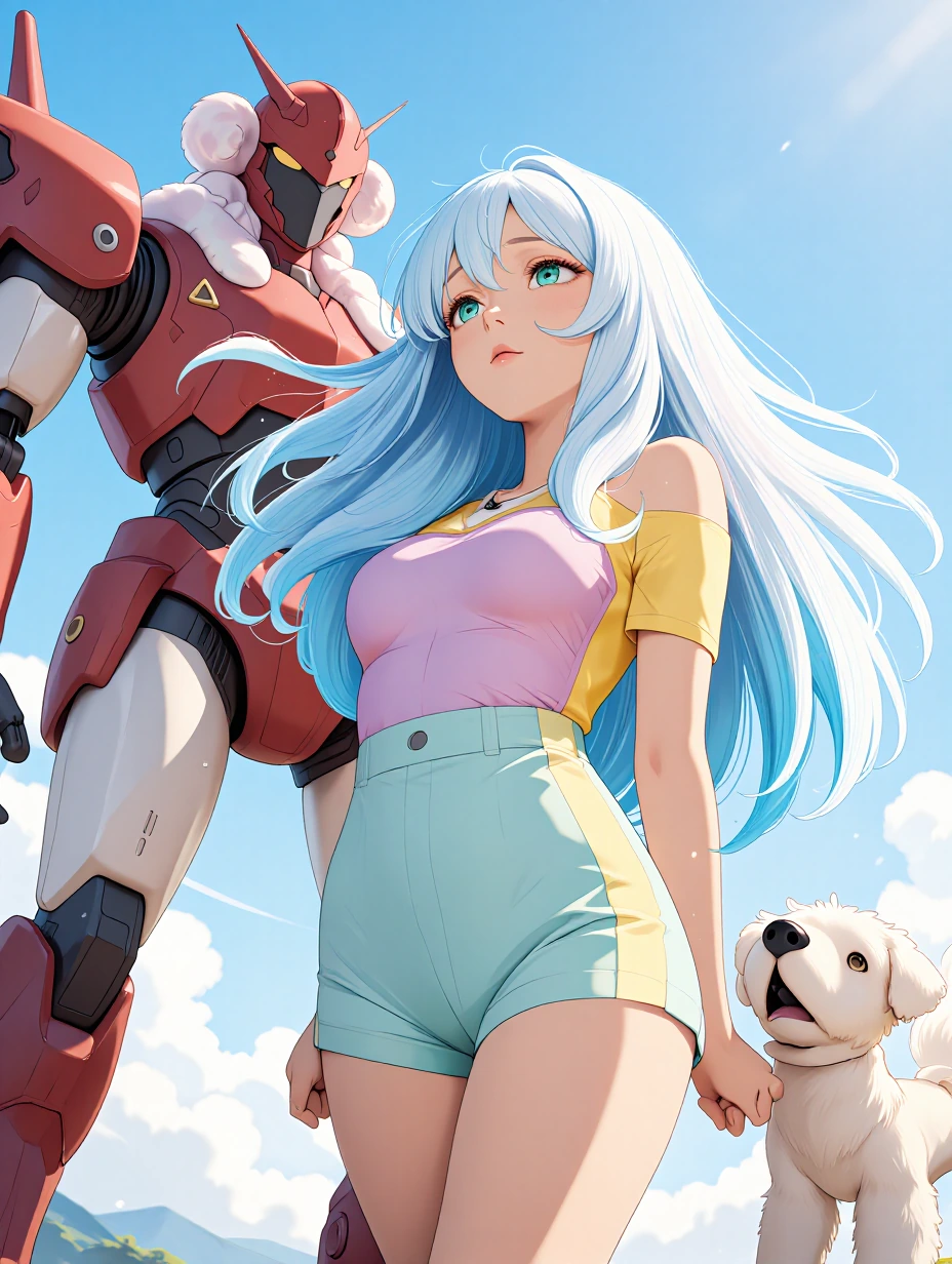 woman long flowing platinum ombre hair with her Maltese and a mech, wearing a lavender pink yellow seafoam green color block minidress, at sunrise, 3d airbrushed manga inspired