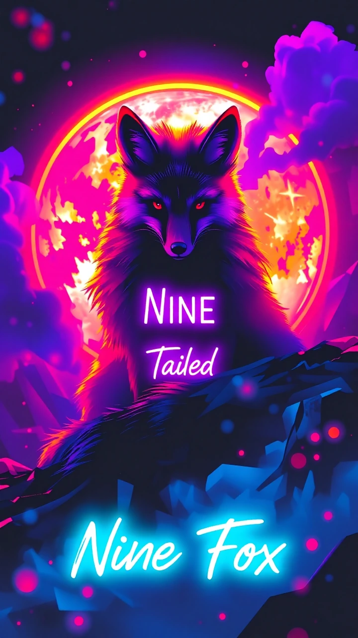 Make a striking, avantgarde neon poster that draws inspiration from futuristic editorial style. The focal point of the composition is Visual Art: Giant shadowy fox with long curling nine furry tails, which is depicted with gentle gradients, delicate 