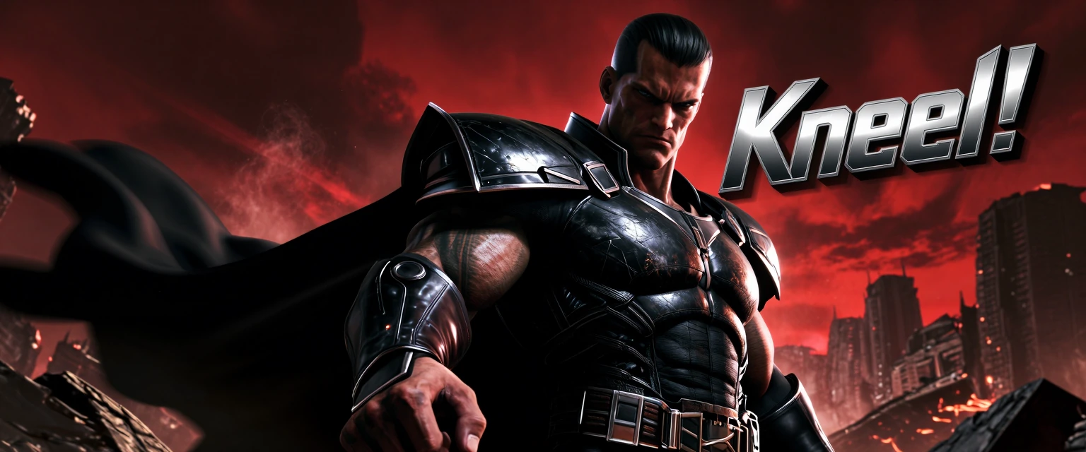 Render a powerful, imposing Zod-type supervillain character standing in a dramatic command pose, one arm extended downward with a single finger pointing toward the ground, his expression fierce and authoritative as he commands "Kneel!" The character 