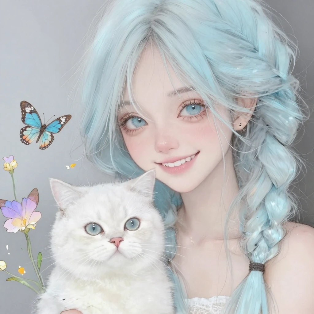 Close up, smiling woman pale blue platinum braided hair with a white cat, flowers butterflies