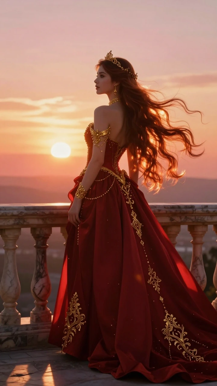 Elegant fantasy princess in deep crimson gown standing on a marble balcony at golden hour, backlit by a molten sunset so her long hair becomes a luminous halo of amber and copper, her silhouette slightly underexposed against the blazing sky while her