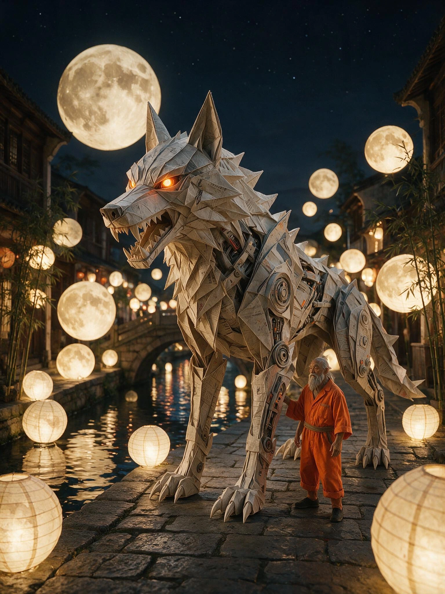 an origami wolf guarding a paper moon; Cyberpunk Wolf made from recycled paper folded and layered until it has the strength of carbon fibre by an ancient Origami Master with a grey beard and orange robes fashioned from an orange prison jumpsuit. The