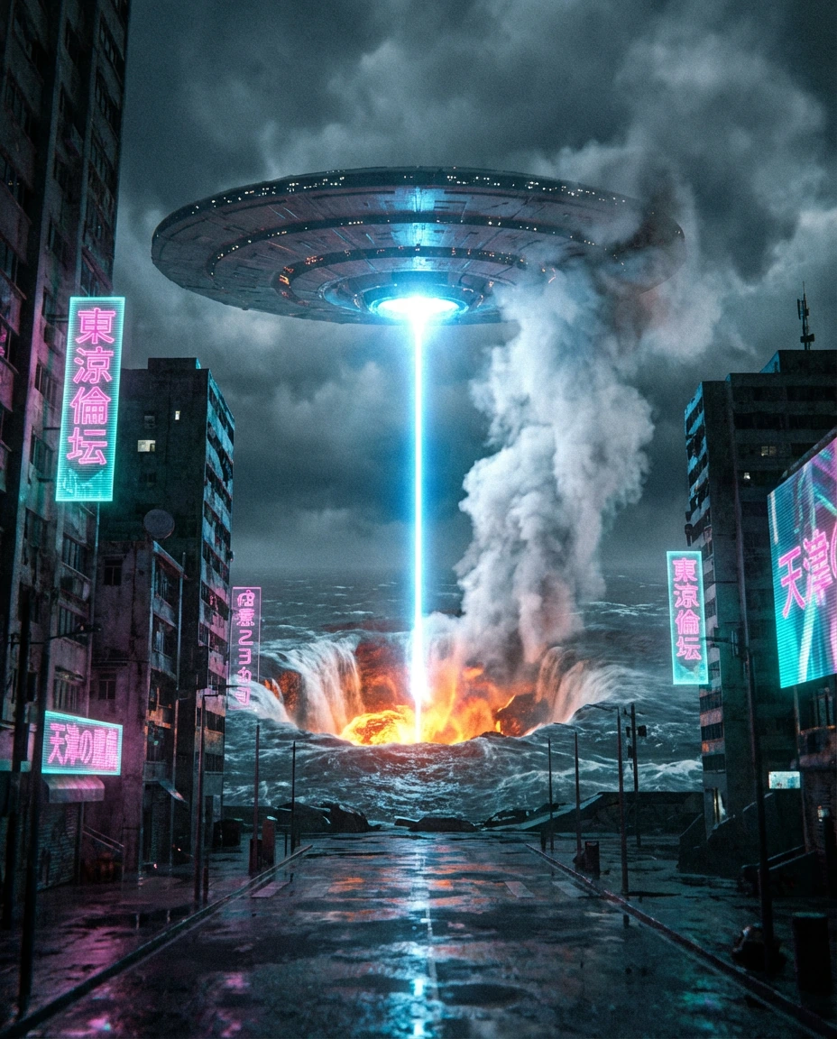 Circular Alien spaceship laser drilling a hole into the earth's crust causing the Atlantic Ocean to drain into the hole and boil when it hits the magma causing a huge steam cloud that will consume the atmosphere!