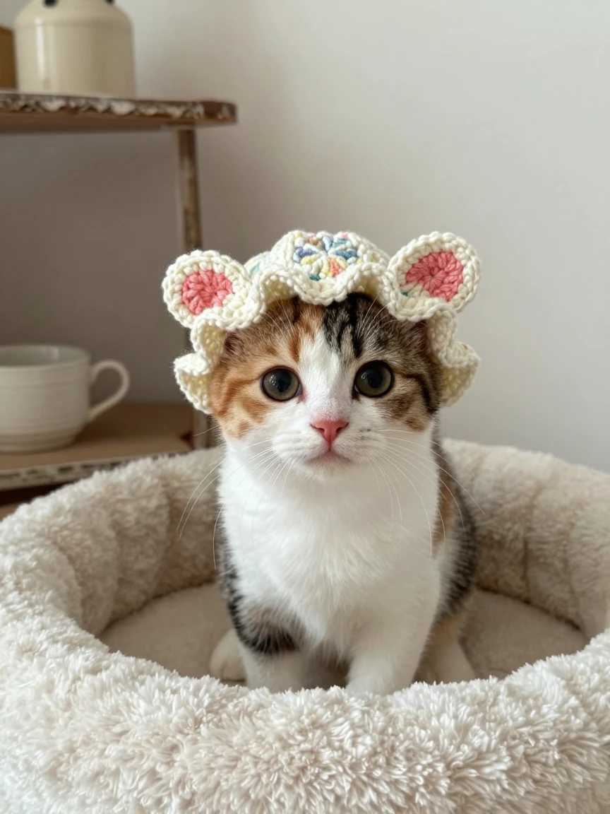 Cutest calico tiny kitten in a very dainty crocheted cap, ears out. comfy amateur photo at home. Shabby chic decor