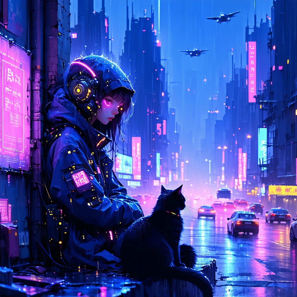 cyberpunk girl with neon-lit cybernetic implants sitting on a concrete ledge, holding a sleek black cat with glowing eyes, towering futuristic megacit