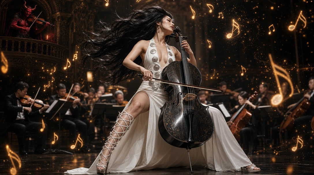 At the centre of the image a beautiful Oriental Celloist dressed in a white sleeveless plunging vest studded with oversized silver dollar coin buttons and a full length high slit white skirt ending in matching high heeled sandals with lacing reaching