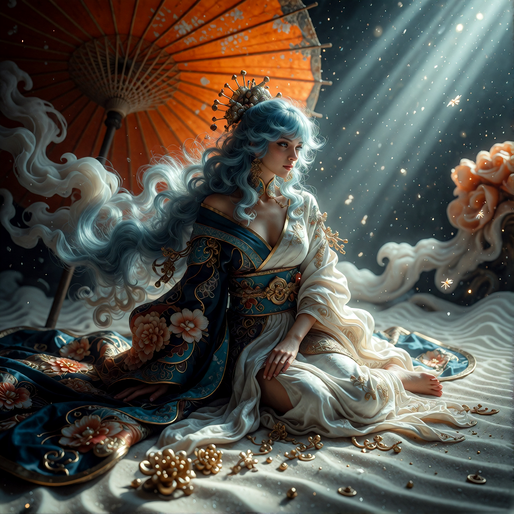 dark fantasy 80s woman sitting dessert flat white sand with flowing white dress on, she has powder blue hair and the background is orange, but faded, lightly colored, add some film grain and unique fog