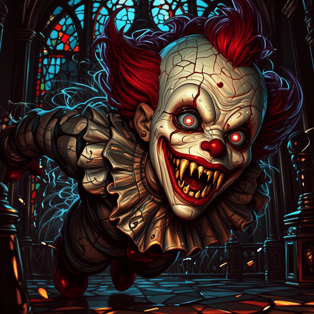 Create an intricately detailed, interactive 3D-Model of an evil porcelain clown doll morphing into a demonic entity. This image must be intricately de