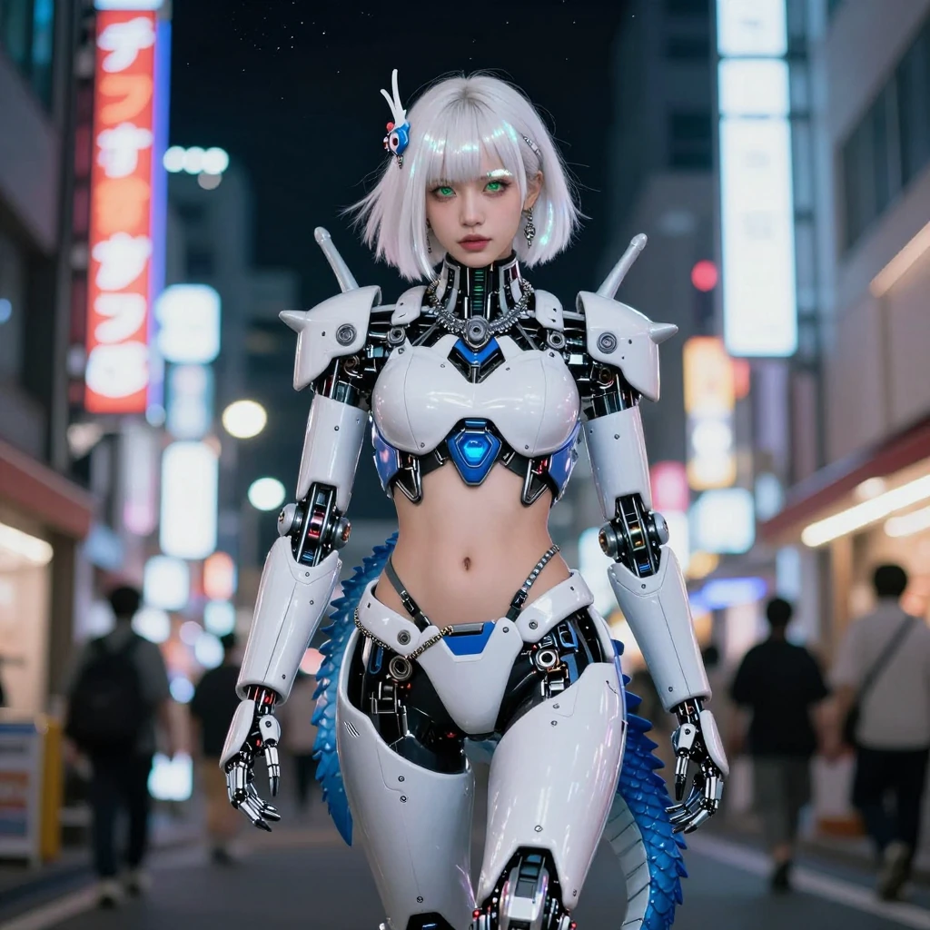 goth_punk,roblit,1woman,full body,navel,white and blue robot,solo,with a robotic Dragon pet wrapped around the body,medium shot,walking in Harajuku,((night time:1.2)),bokeh,neon light,(colourful background:1.2),iridescent eyes,starry sky,white shimme