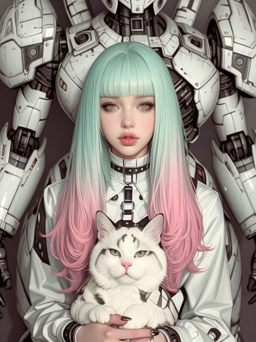beautiful woman pastel green pink platinum ombre hair, with a cat, standing in front of a large mech, pastel acid-washed metal