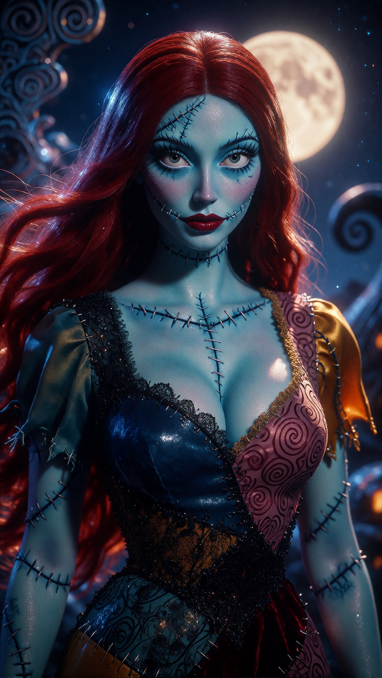 A stunning reimagining of Sally from The Nightmare Before Christmas, designed as a beautiful and stylish figure while maintaining her iconic stitched-together appearance. She has soft, pale blue skin with intricately detailed stitches running across