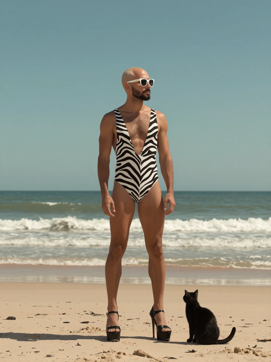 Beautiful bald man with trimmed beard, platinum blackombre hair wearing a one piece zebra swimsuit and black platform high heel shoes. He is on the be