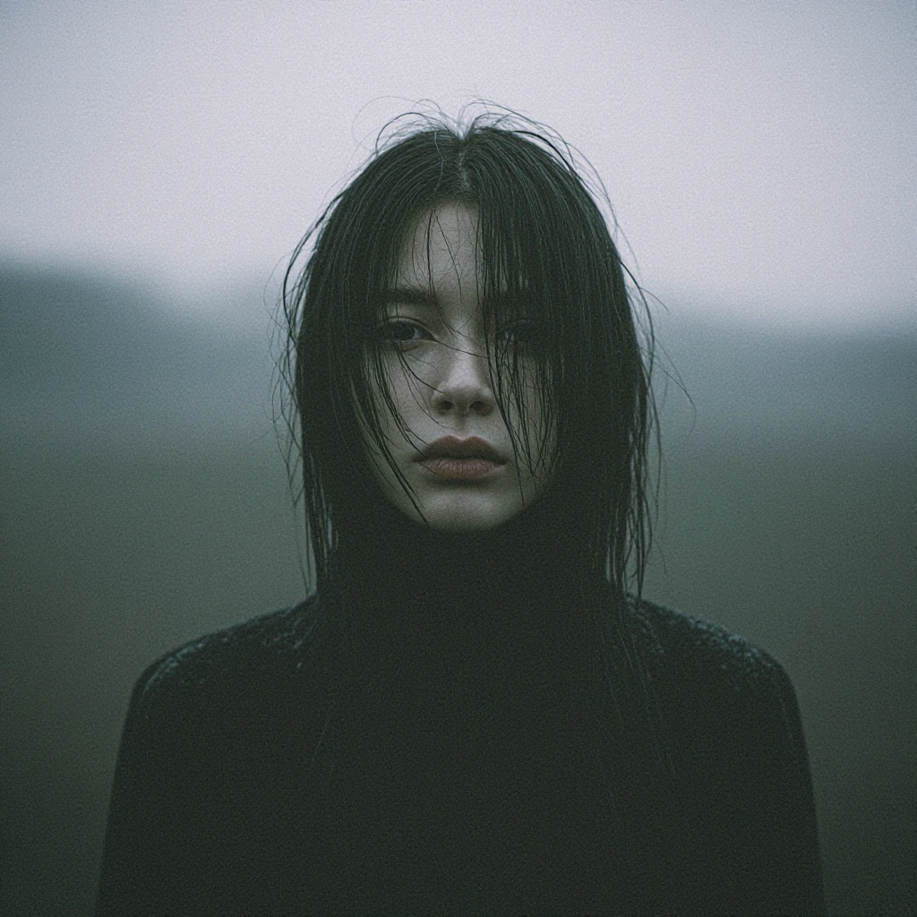 cinematic portrait of a solitary figure standing in misty rain at dusk