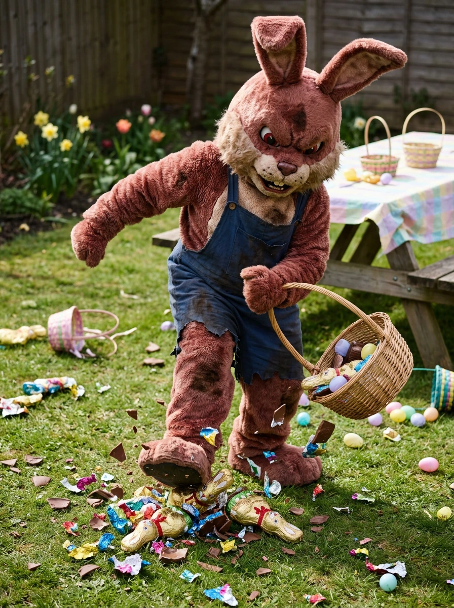 A develish angry and scary easterbunny destroying chocolate easter bunnies