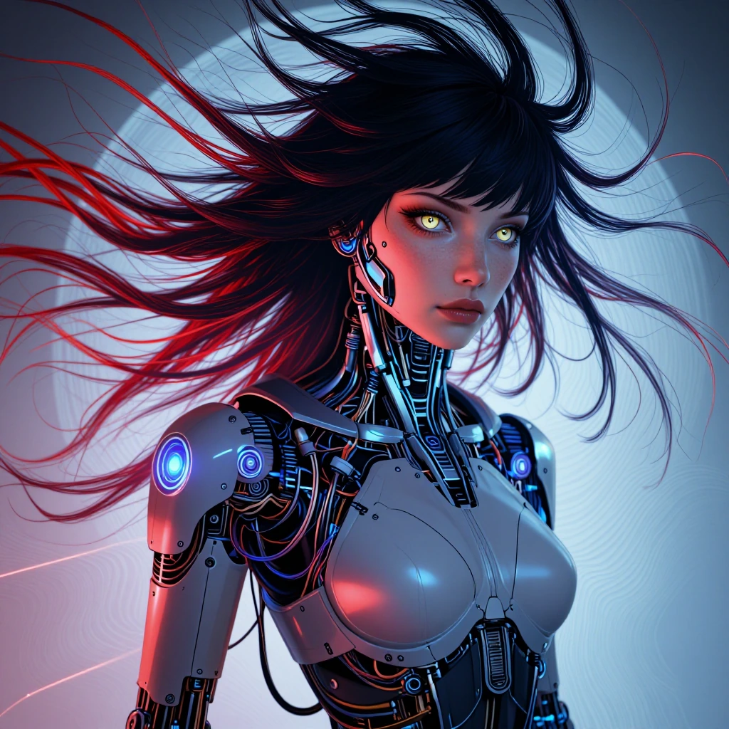 "Create an ultra-realistic, full-body design of a stunning futuristic female cyborg, merging human and robotic aesthetics. Focus on intricate, captiva