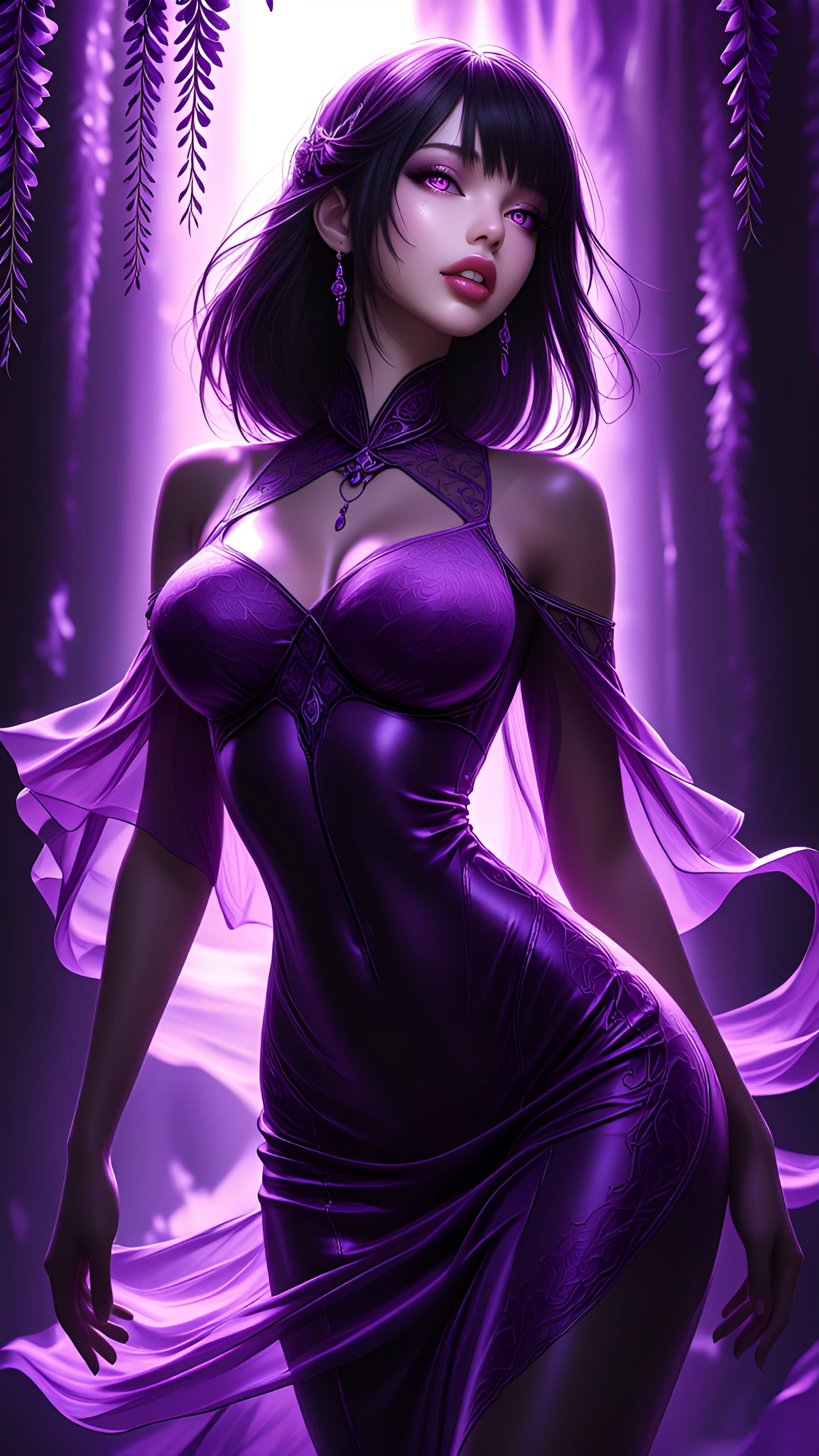A stunningly beautiful young woman with sensual purple eyes full crimson lips and lustrous wavy black hair. She wears glasses and a shy smile. She wears a light and airy deep purple cotton sundress that accentuates her sleek lithe and curvaceous form