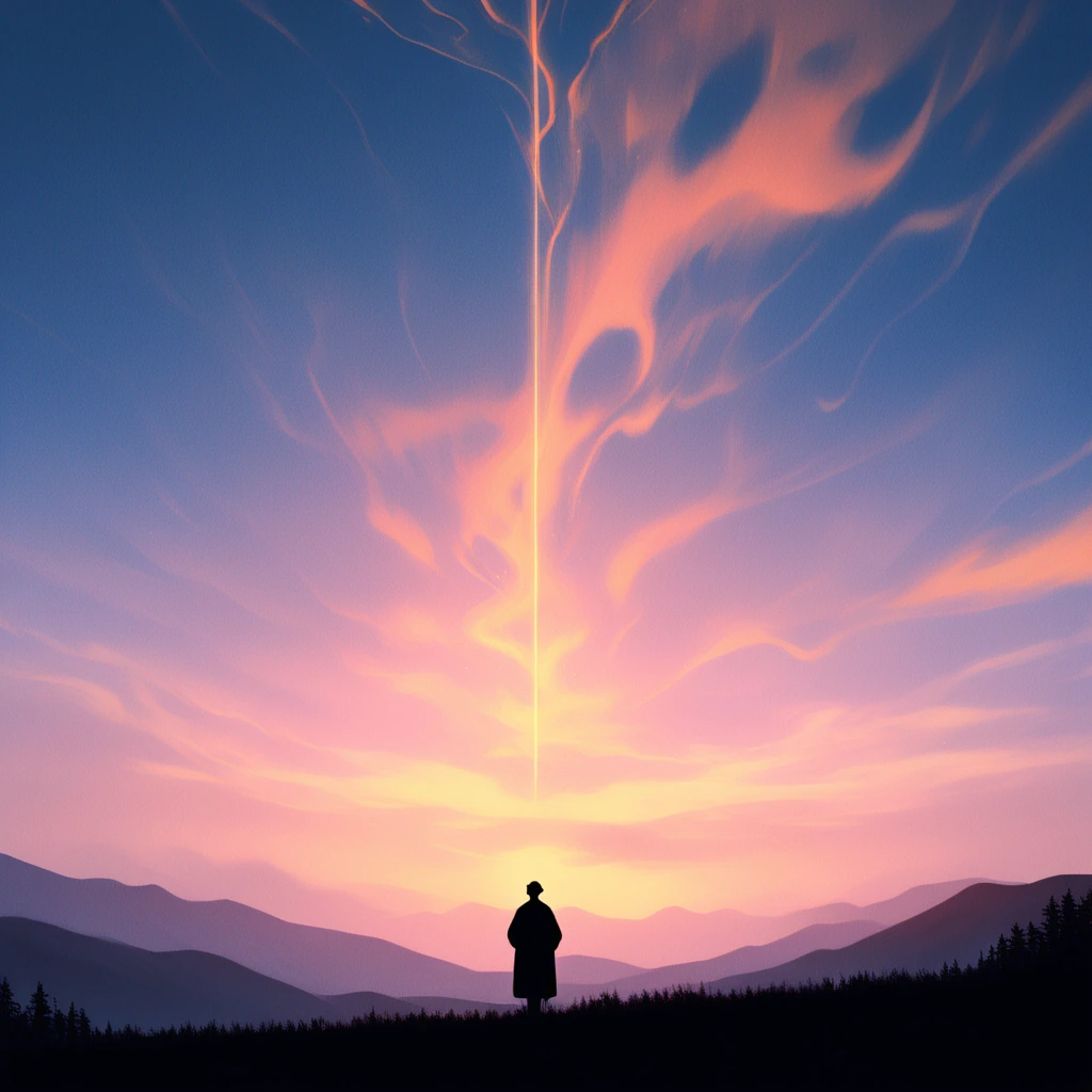 A solitary figure stands on a misty hillside at dawn, their silhouette backlit by the rising sun. One hand reaches upward toward brilliant shafts of golden light breaking through morning clouds, fingers outstretched as if touching the divine rays. Th