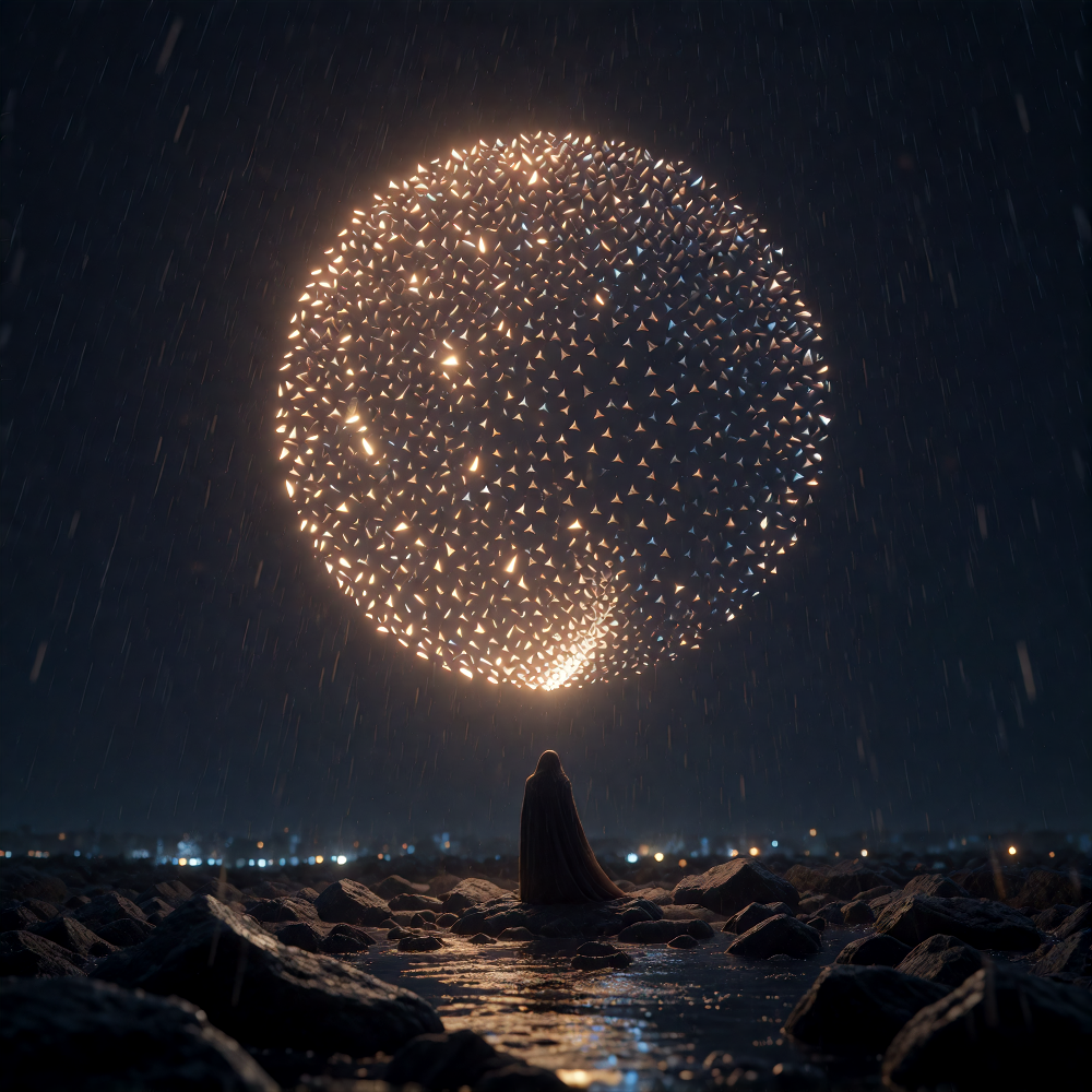 a diamond murmuration forming a luminous sphere above a quiet city at night, soft glow, cinematic detail, subtle rain