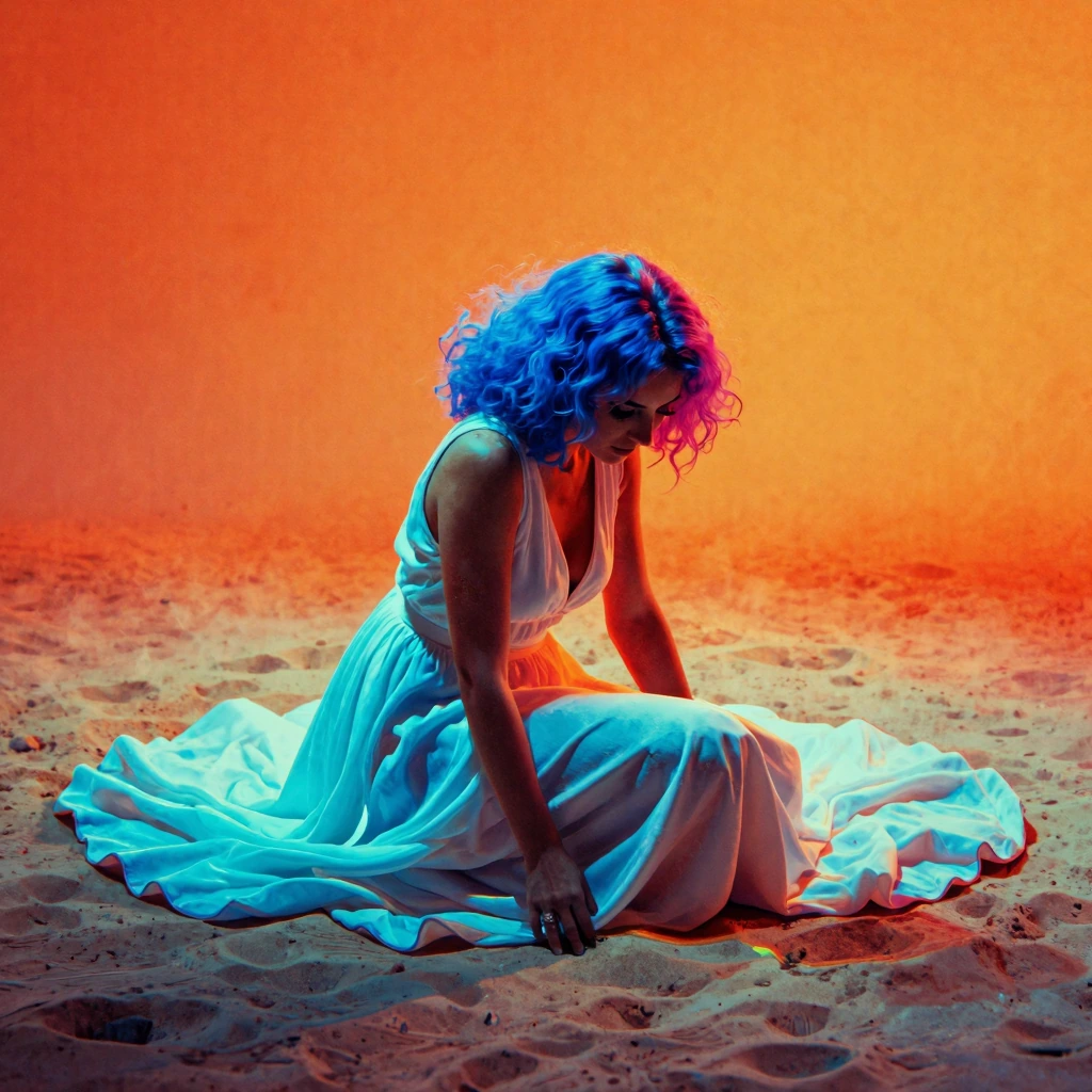 dark fantasy 80s woman sitting dessert flat white sand with flowing white dress on, she has powder blue hair and the background is orange, but faded, lightly colored, add some film grain and unique fog