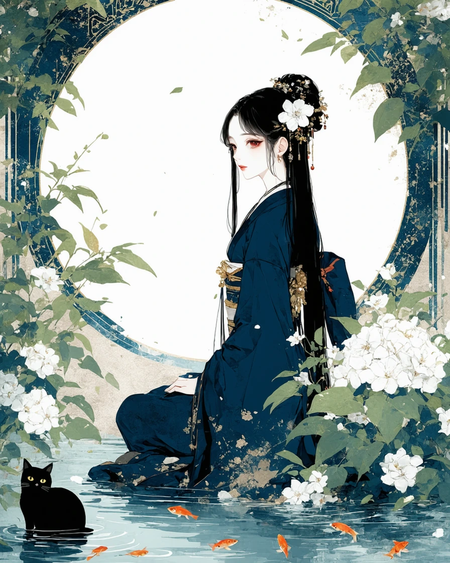 a digital illustration in an Asian style, featuring a young woman with a serene expression, she has long, straight black hair with bangs and is adorned with white flowers. Her outfit is a traditional japanese kimono, which is dark blue with intricate