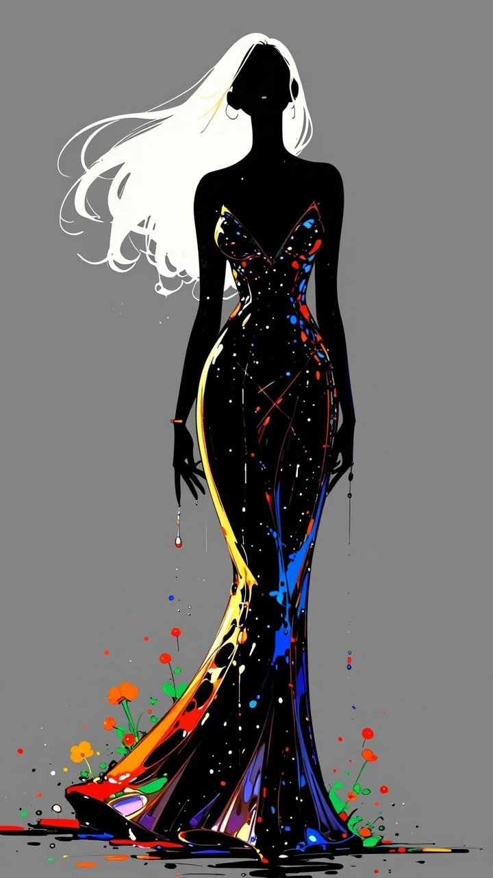 a digital drawing in an abstract, stylized art style, it features a silhouette of a woman with long, flowing white hair. The woman is dressed in a black, long-sleeved dress with a deep V-neckline. The dress is made up of splashes of different colors,