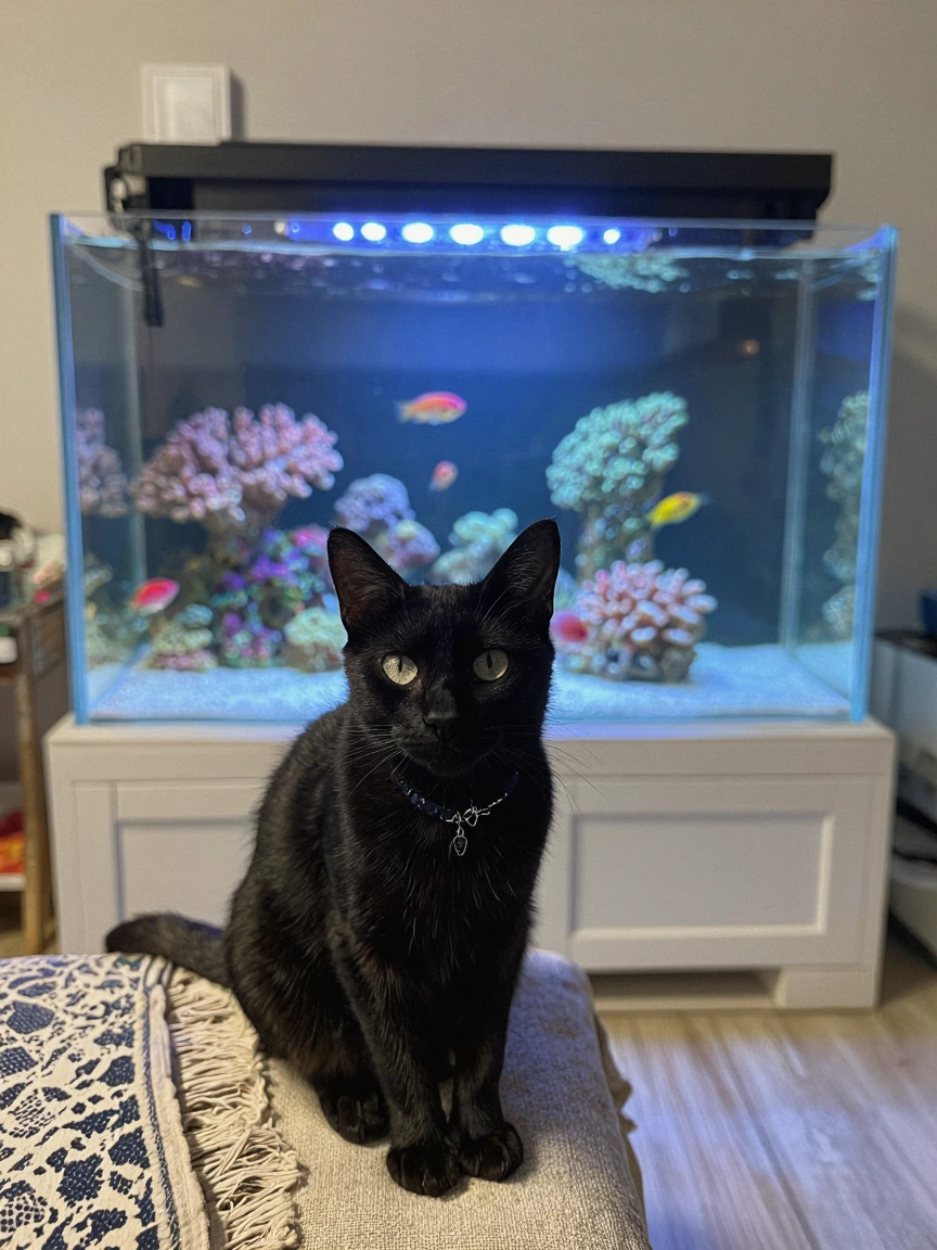 Amateur photo of a black cat in front of an aquarium with colorful coral and fish. Oceancore living room