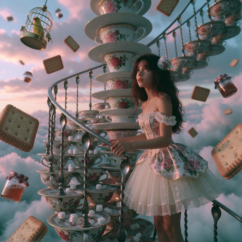 medium shot of a young beautiful Maltese woman, slender athletic build, barefoot standing at the base of a colossal spiral staircase built entirely from stacked teacups and saucers, dark caramel-brown hair loose with a small painted-teacup hairpin, w