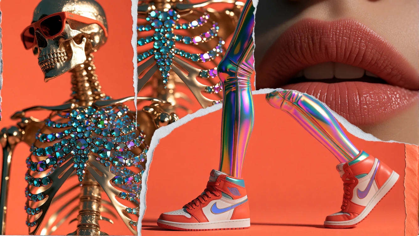 16:9 cinematic keyframe that IS a collage, Mirrorize v6, high-grade animation-studio graphic still. ARTSTYLE LOCK 1:1 TO THE SREF — this is the entire job: Y2K airbrush print. Rhinestone jewelry photography. Album-sleeve collage. Cut-out stickers glu