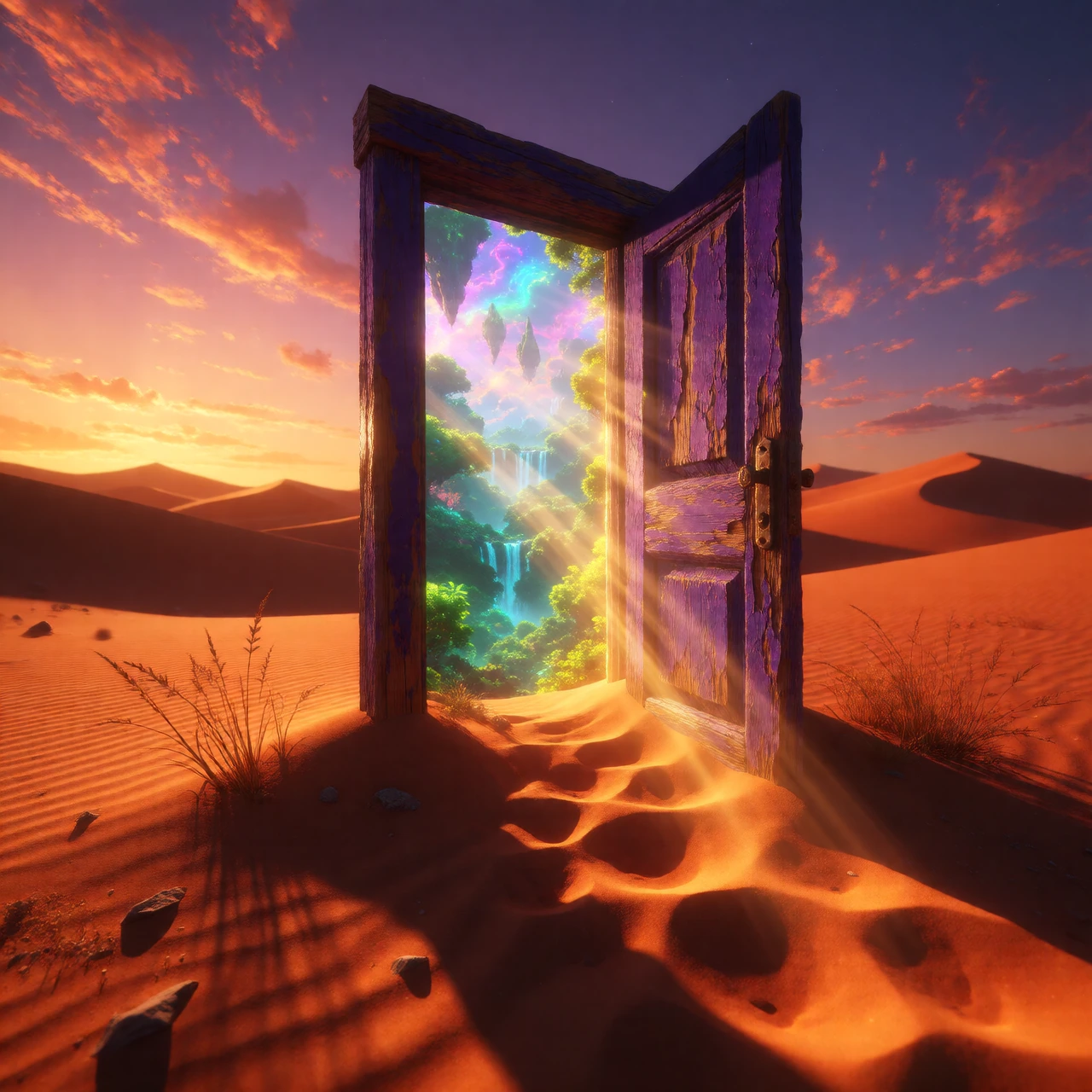 Capture a weathered purple wooden door standing alone in vast desert sand dunes, slightly ajar, revealing a breathtaking glimpse of a lush magical kingdom beyond — vibrant emerald forests, cascading waterfalls, and iridescent floating islands bathed 