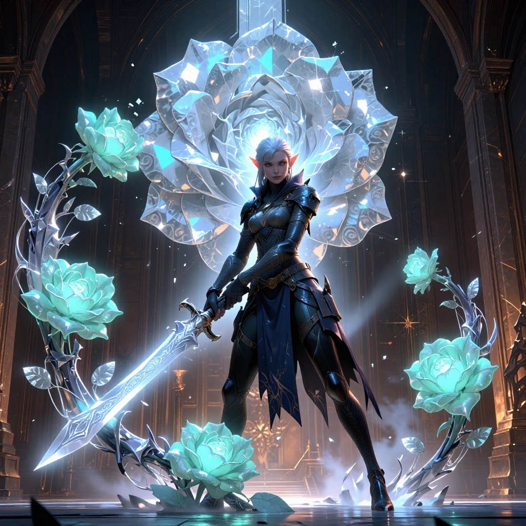warrior elf in sleek tactical gear dual-wielding ornate ice rapiers with glowing pale blue-cyan blad…