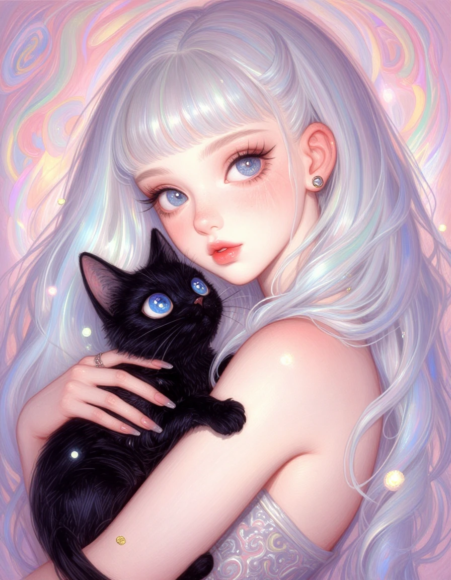 retro pop dark fantasy girl with her cat black glitter punk galaxy eyes