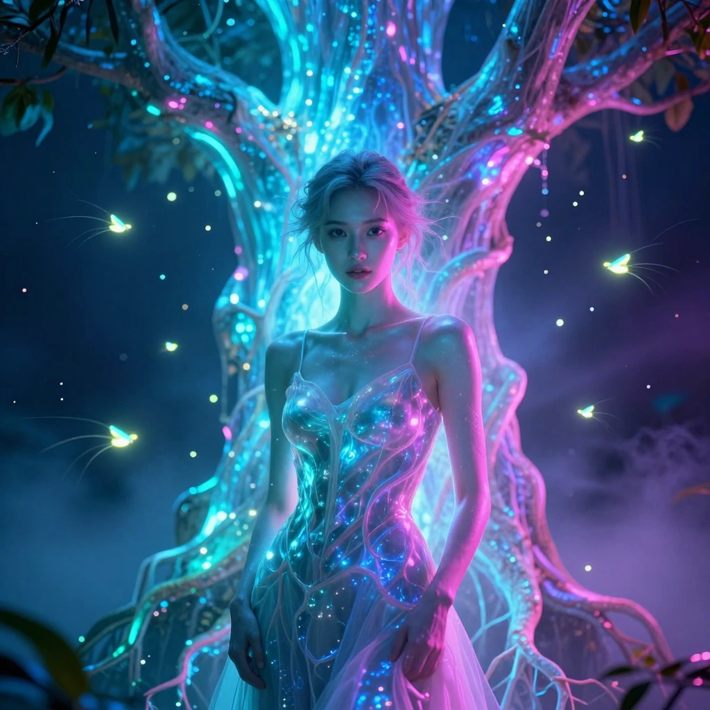 A strikingly beautiful young woman with luminous porcelain skin and sharp, confident features, standing with hands casually tucked in pockets, direct 
