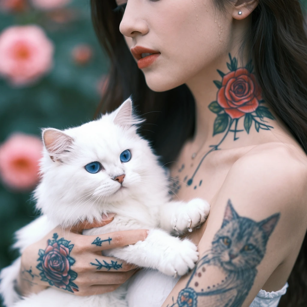 Beautiful tattooed woman with delicate rose designs on her neck and a feline familiar tattooed on her hand, holding a white cat, soft romantic atmosphere with blurred rose garden, highly detailed stylized rendering, ultra HD