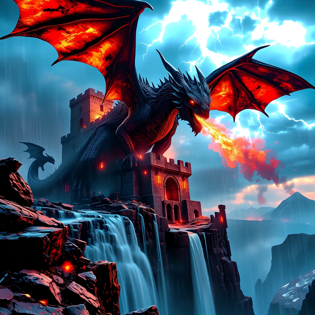 Create a high-resolution, dramatic 3D anaglyph image that requires red-cyan 3D glasses for viewing. The scene depicts a fierce, legendary dragon desce