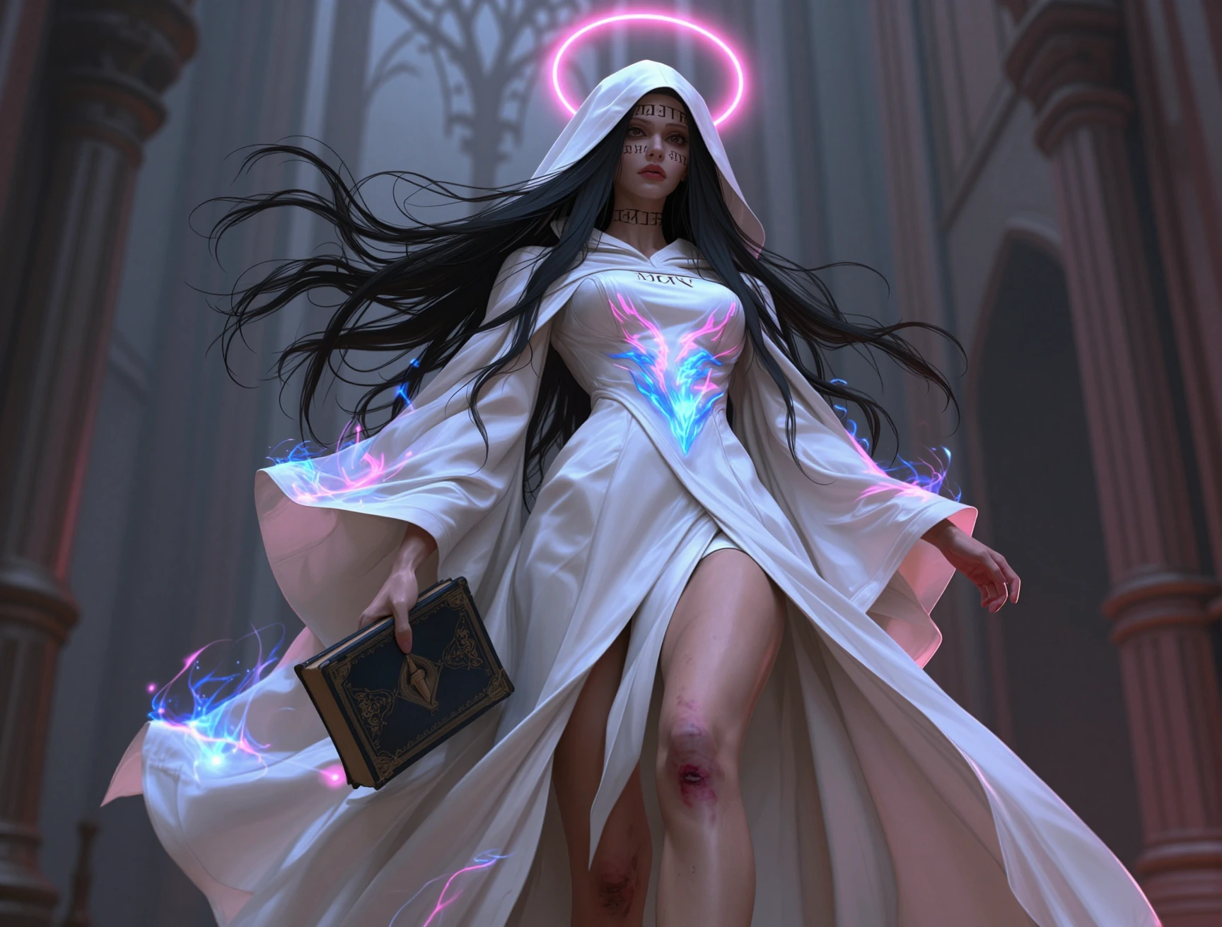 Epic dramatic low-angle cinematic shot of a holy deliverer assassin, a pale mysterious woman with long flowing black hair under a white hooded robe th