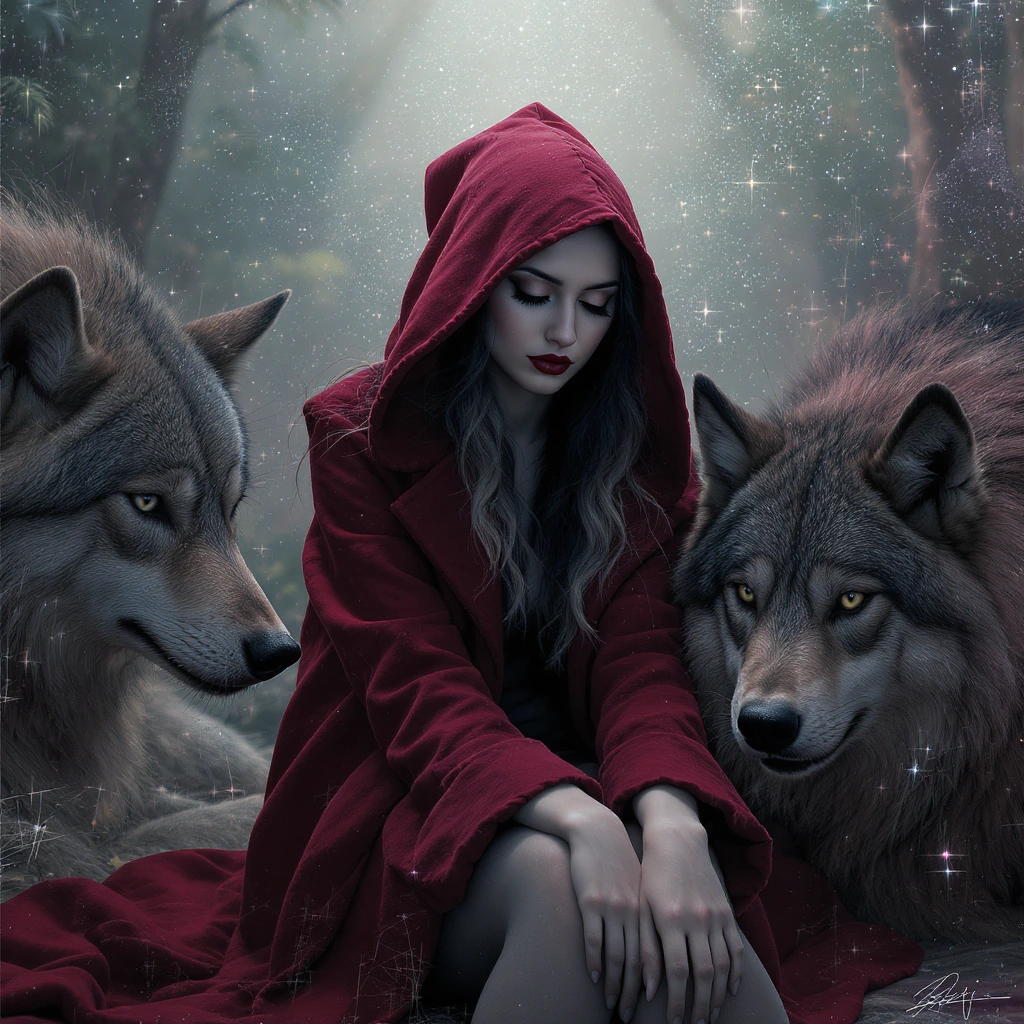beautiful woman sitting with scary dangerous wolves, she is wearing a red hooded coat