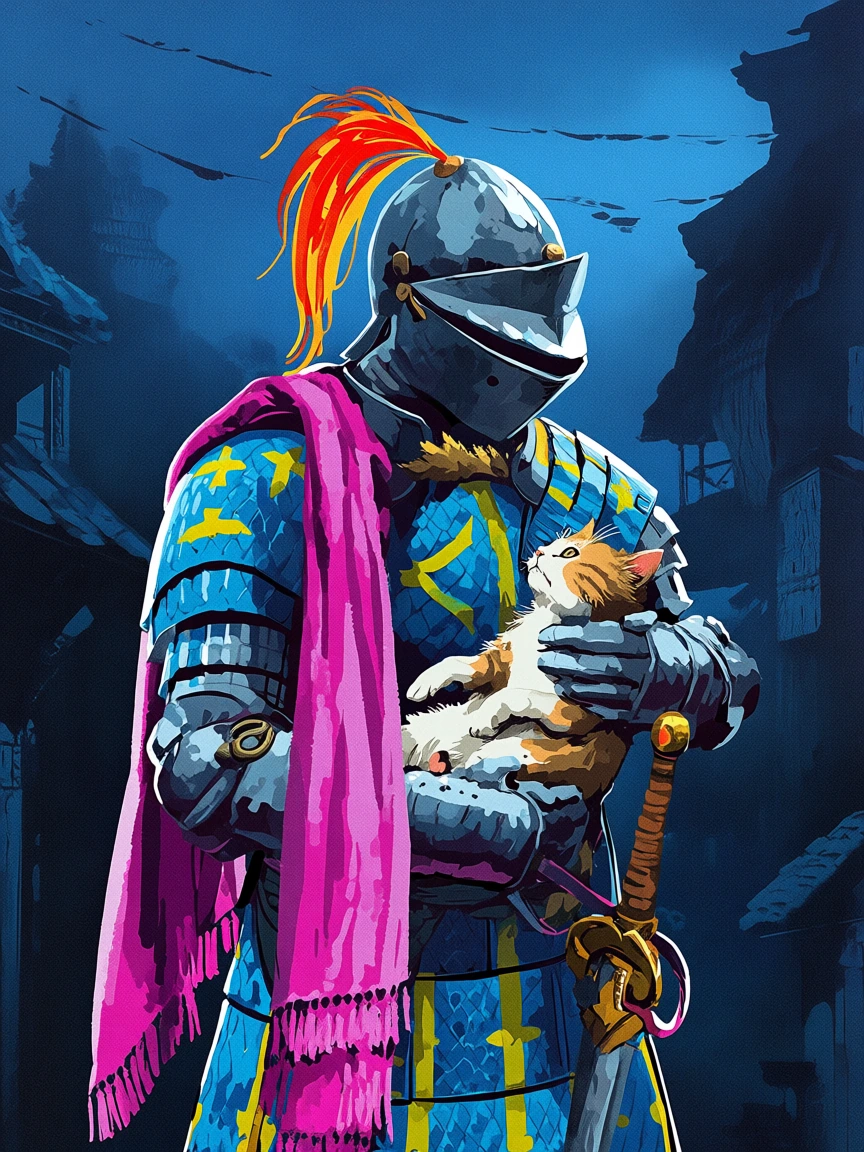 film grain, The texture of the drawing is grainy, halftone effect, rough painting texture. evocative composition, Digital painting of a medieval armored knight holding a small cat. The knight, with a metal helmet featuring a red and yellow feather, w